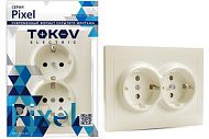 Розетка двойная встраиваемая с заземлением, цвет бежевый, TOKOV Pixel Розетка двойная встраиваемая с заземлением, цвет бежевый, TOKOV Pixel