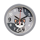  Будильник кварц d=15см, корпус серый " Котенок" 