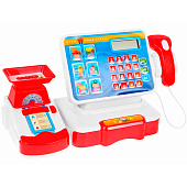 Кассовый аппарат с весами (на батарейках) + сканер+продукты+аксессуары, 18х19 см, 999-23 Кассовый аппарат с весами (на батарейках) + сканер+продукты+аксессуары, 18х19 см, 999-23