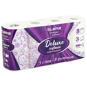 Туалетная бумага LAIMA Deluxe 3-х слойная, 8 рулонов (8х16,5м.) 100% целлюлоза, 115396 Туалетная бумага LAIMA Deluxe 3-х слойная, 8 рулонов (8х16,5м.) 100% целлюлоза, 115396