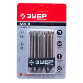 Набор бит Ph1,2,3 Pz1,2,3 - 75мм, 6 шт ЗУБР MX-6 Набор бит Ph1,2,3 Pz1,2,3 - 75мм, 6 шт ЗУБР MX-6