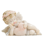  Сувенир Пухлый спящий ангел в цветочном венке, с ажурным сердцем, полистоун, лак, 5х4,5х9 см, 748594 