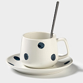  Чайная пара «Горошек», 220 мл, с ложкой, керамика, белая 10651287 