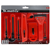 Набор ножей, выдвижные лезвия, 9мм-4, 18мм-2,+скребки выдвижн. фиксир.лезв.,40-52мм,2шт// Matrix Набор ножей, выдвижные лезвия, 9мм-4, 18мм-2,+скребки выдвижн. фиксир.лезв.,40-52мм,2шт// Matrix