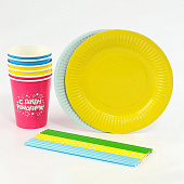 Набор бумажной посуды "С днем рождения", на 6 персон, 6 стаканов, 6 тарелок, трубочки 10797812 Набор бумажной посуды "С днем рождения", на 6 персон, 6 стаканов, 6 тарелок, трубочки 10797812