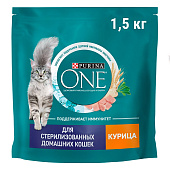  Сухой корм ONE для серилизованных домашних кошек, Курица, Цельные злаки 1,5кг 