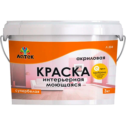  Краска акриловая интерьерная моющаяся супербелая Латек 3 кг 