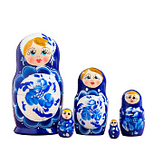  Матрёшка дерево «Поднос гжель», синее платье, 5 кукольная, 10 см 