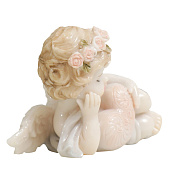  Сувенир Пухлый спящий ангел в цветочном венке, с ажурным сердцем, полистоун, лак, 5х4,5х9 см, 748594 