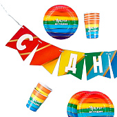  Набор бумажной посуды Радуга, 6 тарелок, 1 гирлянда, 6 стаканов, 9799797 