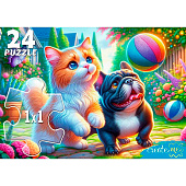 Пазлы 24 элемента Макси Кот и щенок с мячом Пазлы 24 элемента Макси Кот и щенок с мячом