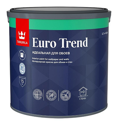 Краска для обоев и стен матовая Tikkurila EURO TREND База A 2,7л. Краска для обоев и стен матовая Tikkurila EURO TREND База A 2,7л.