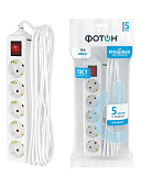 Удлинитель 5 гнезд, 5м с заземл., белый, с выкл. ФОТОН Удлинитель 5 гнезд, 5м с заземл., белый, с выкл. ФОТОН
