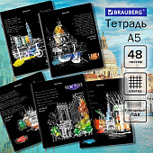  Тетрадь 48л. А5. BRAUBERG скоба, клетка, глянцевый лак, Города (микс в спайке), 404346 