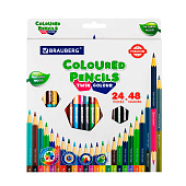  Карандаши цветные двусторонние BRAUBERG PREMIUM TWIN COLOUR 24 шт, 48 цв, натуральное дерево, 181875 
