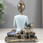  Сувенир Девушка в позе лотоса с котом, 14х11х7,8 см, полистоун, синий, 4838319 