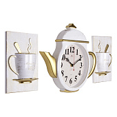  3530+2-004 (10) Комплект, часы настенные чайник 29х34см+2 чашки, корпус белый с золотом "Классика" "Рубин" 