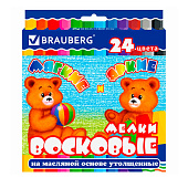 Восковые мелки утолщенные Brauberg, набор 24 цвета, на масляной основе, яркие цвета, 222972 Восковые мелки утолщенные Brauberg, набор 24 цвета, на масляной основе, яркие цвета, 222972