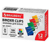  Зажим для бумаг Brauberg, 12 шт, 25 мм, на 100 листов, цветные, 224471 