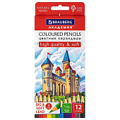  Карандаши цветные 12цв мягкие BRAUBERG АКАДЕМИЯ шестигранные, грифель 3 мм, 181864 