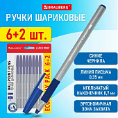 Ручки шариковые Brauberg i-Stick Point, синий, 6+2 шт, узел 0,7 мм, линия 0,35 мм, 144026