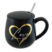 Кружка Love YOU 400мл, крышка, ложка, в подарочной упаковке Цвет: черный GFSLG-3