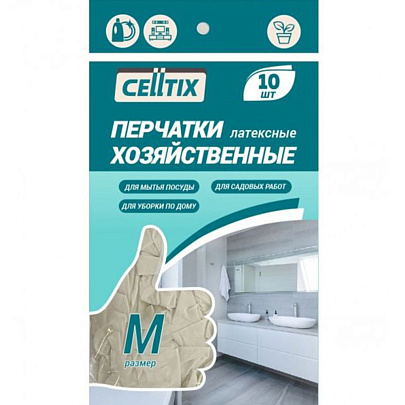  CELLTIX, Перчатки латекс, 10шт в уп.(5пар), цена за уп.,р-р М, E1M 
