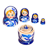  Матрёшка дерево «Поднос гжель», синее платье, 5 кукольная, 10 см 