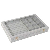  Шкатулка для украшений 9 полос, 12 ячеек, 35х24х4,5 см, крышка стекло, цвет серый, 2683011 