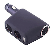 Разветвитель прикуривателя 2 гнезда + USB + разъем для прикуривателя  SKYWAY Черный, USB 1A, предохранитель 10А