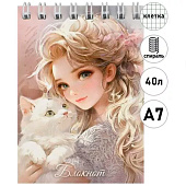 Блокнот A7, Феникс, 40 листов, клетка, на гребне, картоная обложка, Блондинка с котом, 70961 Блокнот A7, Феникс, 40 листов, клетка, на гребне, картоная обложка, Блондинка с котом, 70961