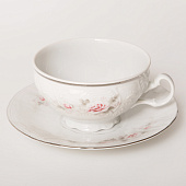  Чашка с блюдцем 180 мм низкая Thun Bernadotte, декор "Бледные розы, отводка платина" БТФ0318 